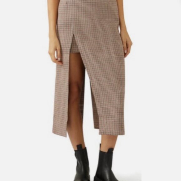 Maje Jaisa Houndstooth Thigh-High Front Slit Midi-Skirt Brown Women's Sz 36 - Picture 6 of 7